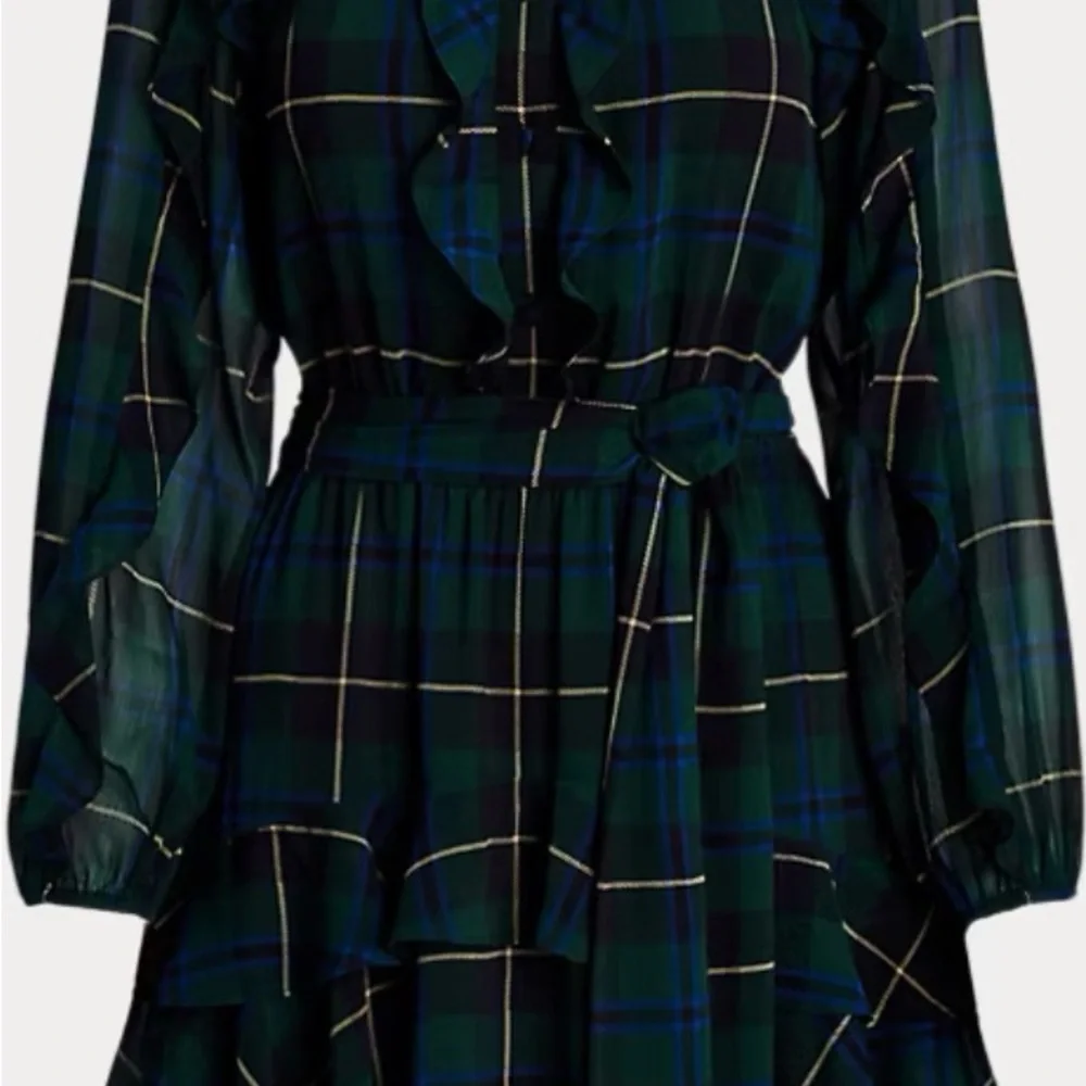 Ralph Lauren Dark Green Plaid Long Sleeve Georgette dress NWT - Picture 7 of 9